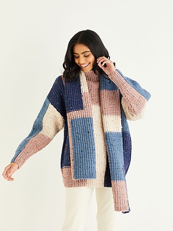 ABSTRACT SWEATER & WIDE SCARF IN HAYFIELD BONUS CHUNKY TWEED - Click to Enlarge