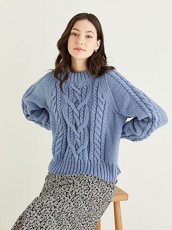 ROUND NECK CABLE SWEATER IN HAYFIELD BONUS ARAN WITH WOOL - Click to Enlarge