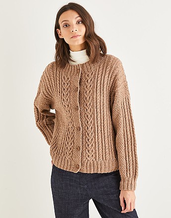 WOMEN’S ROUND NECK CABLE CARDIGAN IN SIRDAR HAWORTH TWEED - Click to Enlarge